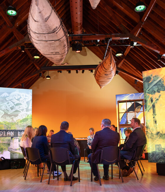 People engaging in a discussion at an Art Gallery with Indigenous Art